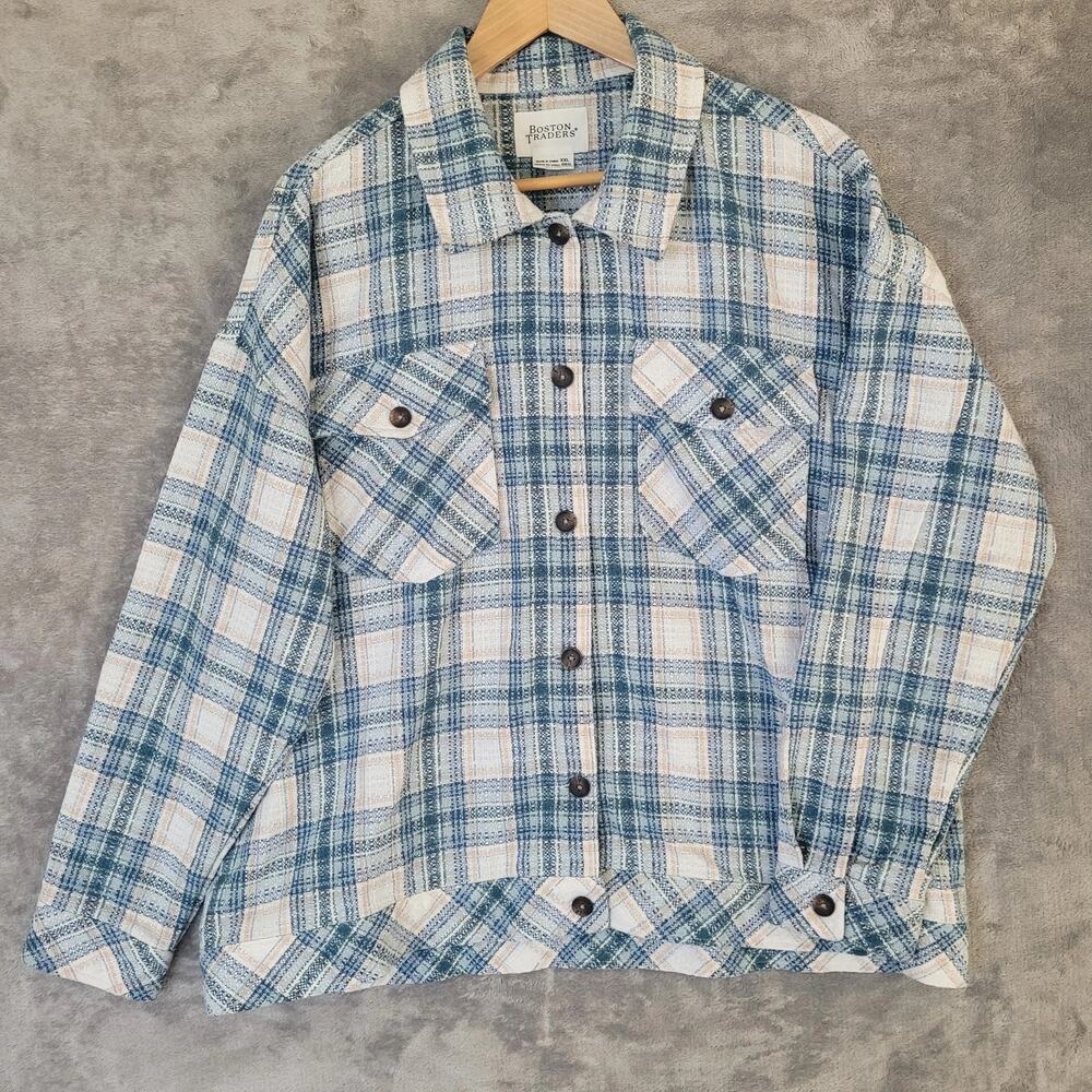 Boston Traders XXL Plaid Shacket Blue Cream Oversized Cozy Cabincore